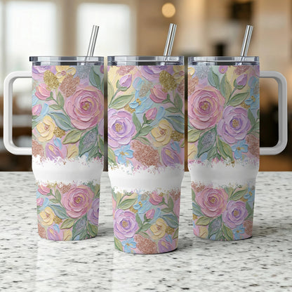 Three floral tumblers with textured pastel roses and glitter.