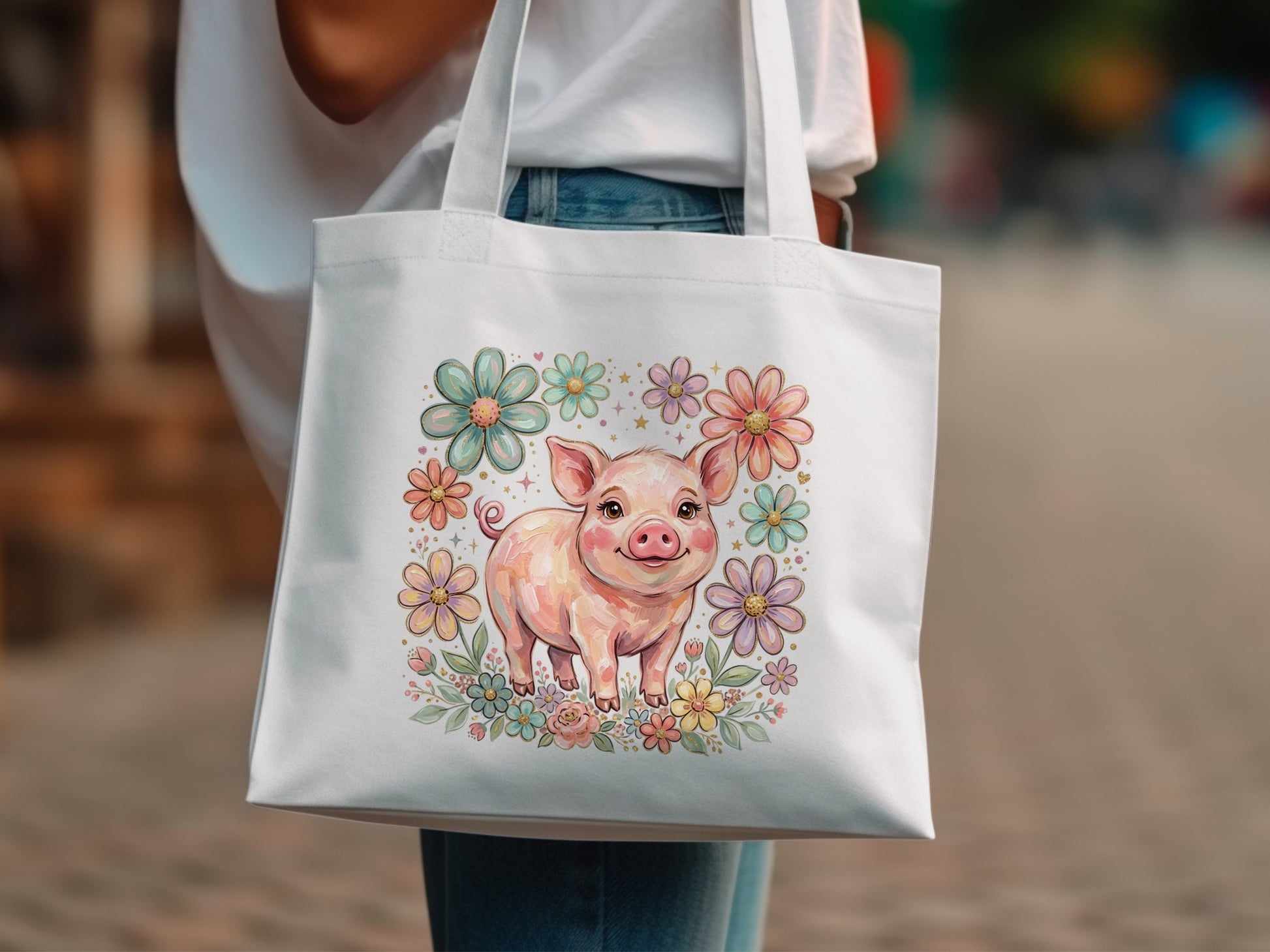 White tote bag with a smiling pig surrounded by colorful pastel flowers.