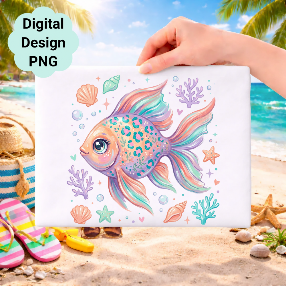 Whimsical fish surrounded by seashells and coral on a beach background.