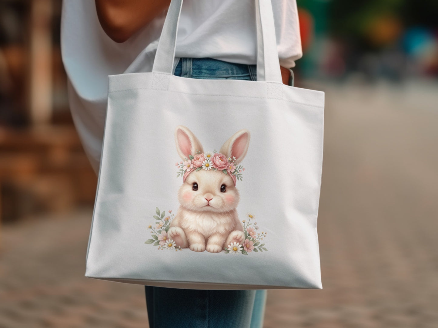 White canvas tote bag featuring a cute cartoon bunny wearing a flower crown.