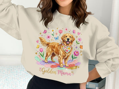 Golden Retriever wearing a bandana, with flowers and butterflies, "Golden Mama" text.