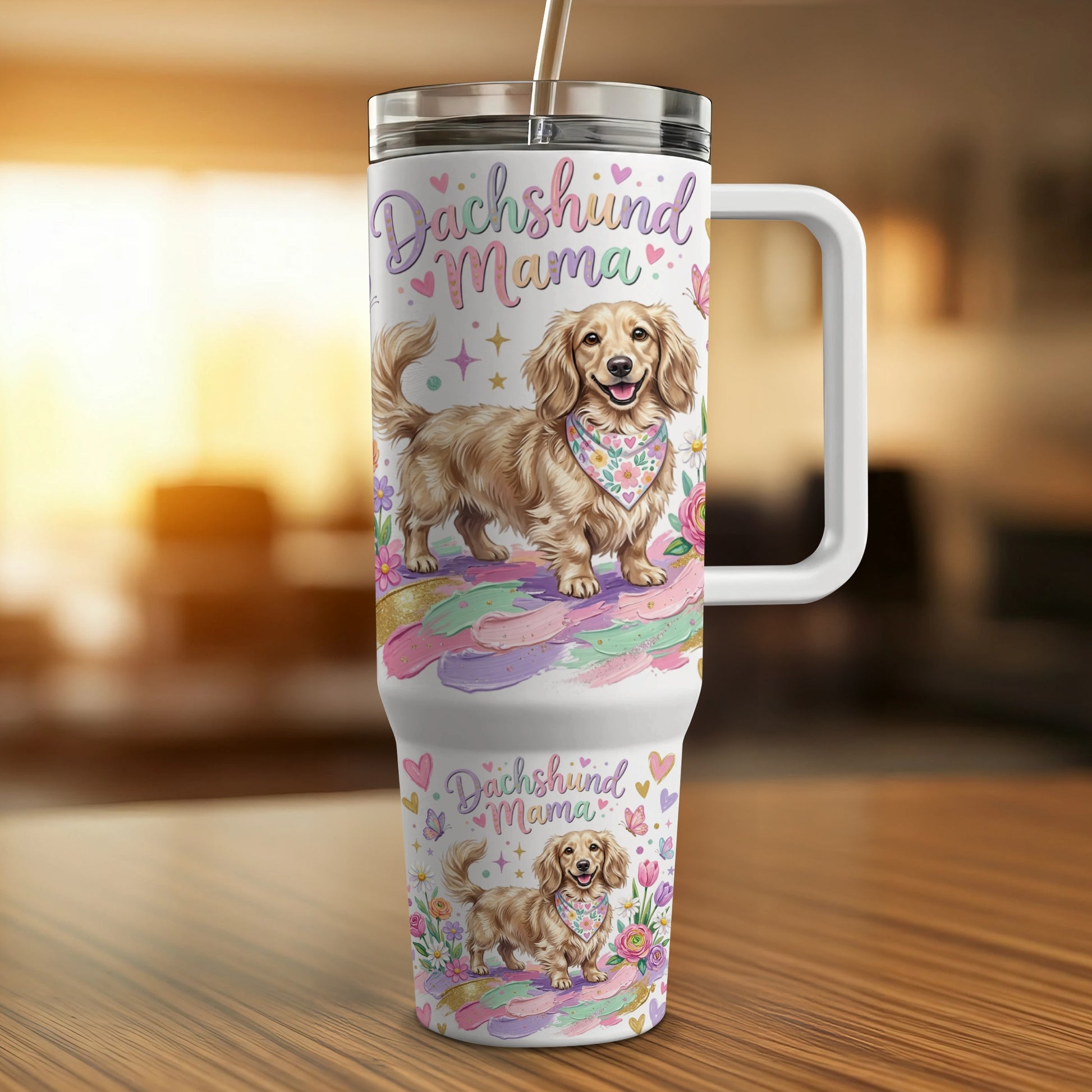 Dachshund Mama tumbler with two dachshunds and pastel floral accents.