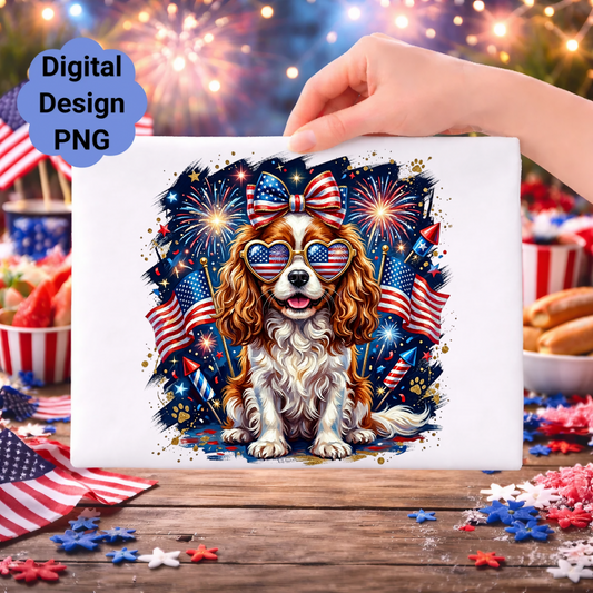 Dog wearing sunglasses and bow tie with fireworks and American flags.
