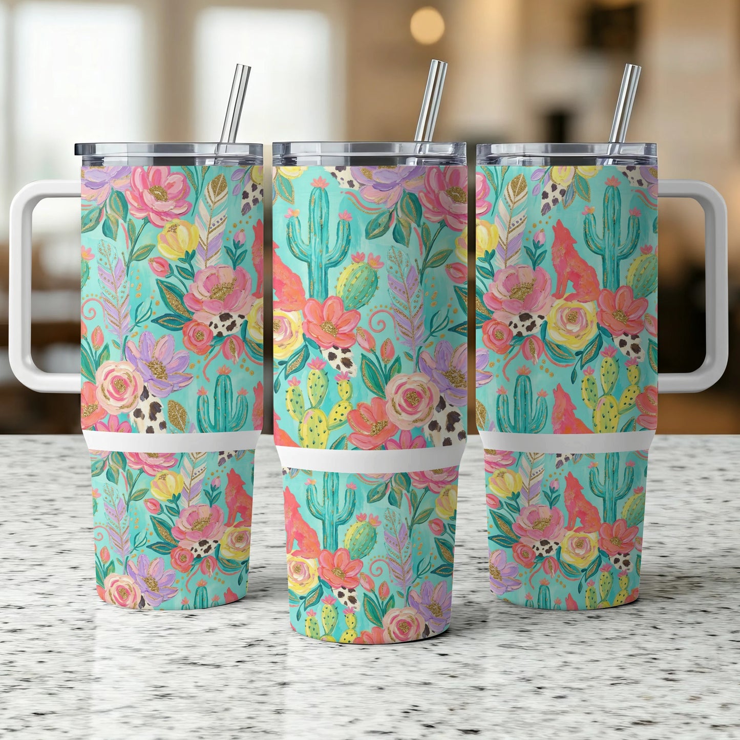 Three tumblers with a floral and cactus desert pattern.