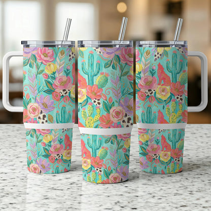 Three tumblers with a floral and cactus desert pattern.