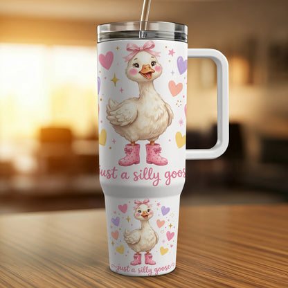 Silly goose with pink boots on a white tumbler, with text.