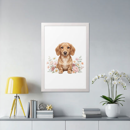 Dachshund puppy surrounded by pastel flowers in a white frame.