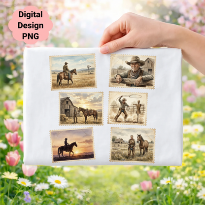 Six vintage-style stamp designs featuring cowboys and horses on a white background.