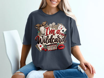 Dark t-shirt with "I'm a Wildcard" text and casino graphics.