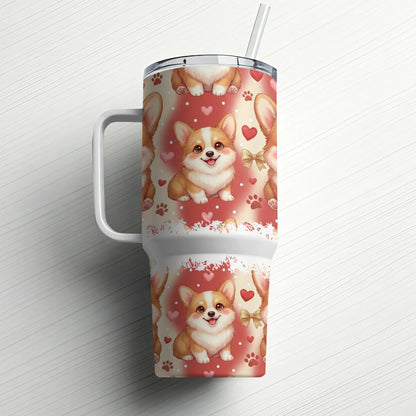 Corgo mug with heart pattern and straw.