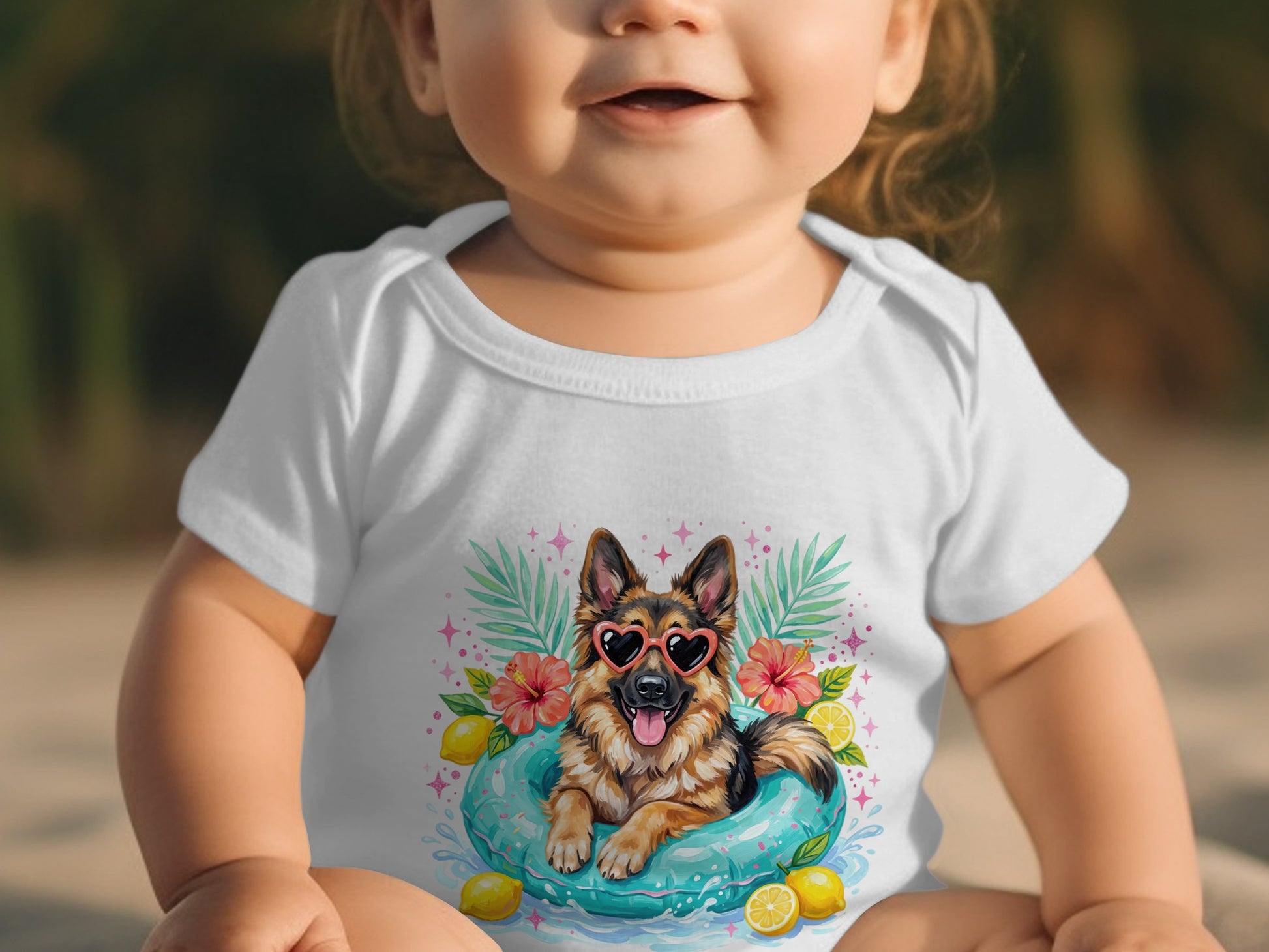 Baby wearing white onesie with German Shepherd in heart sunglasses graphic.