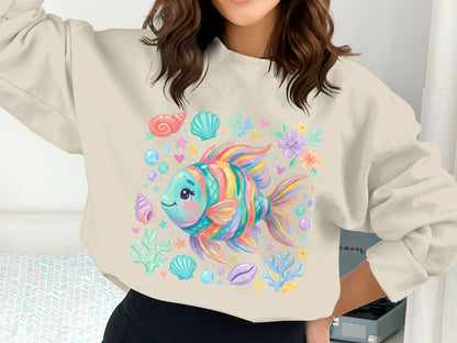 Crewneck sweatshirt with a colorful cartoon fish surrounded by seashells and flowers.