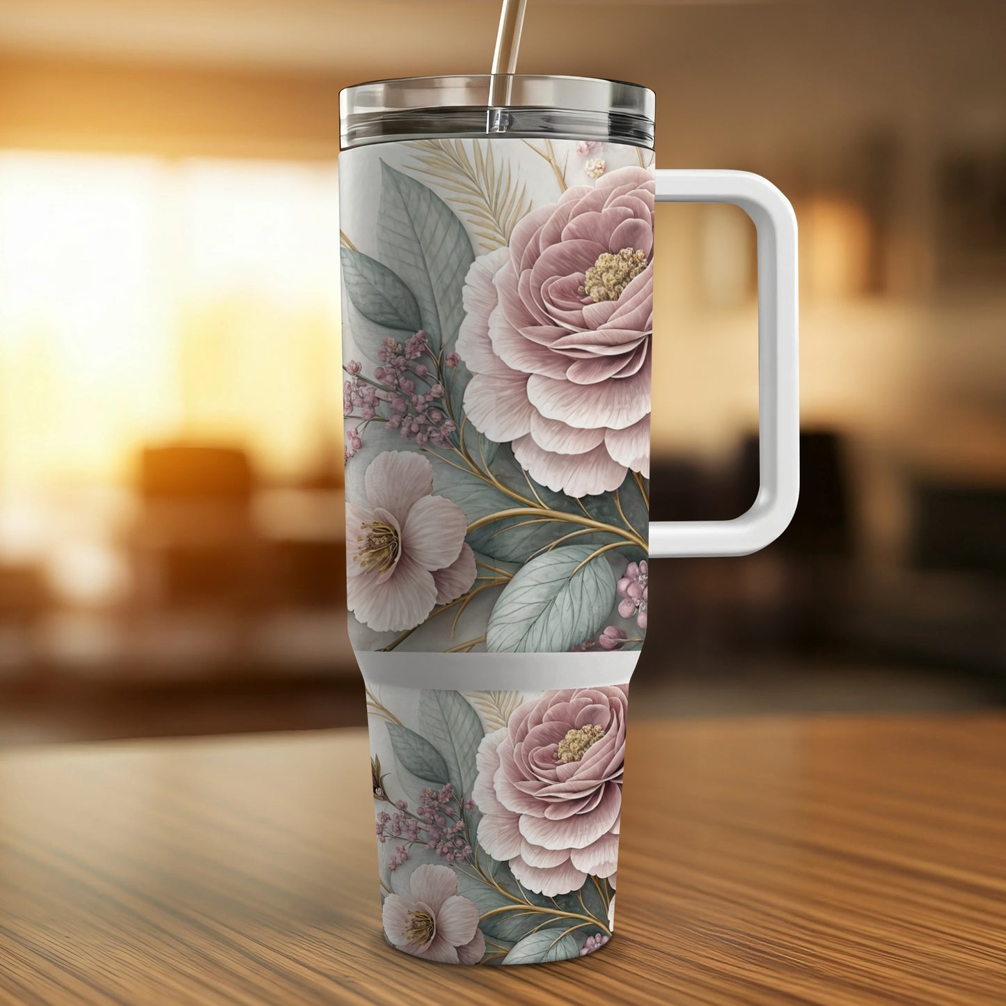 White tumbler with pink floral pattern and straw on wooden surface.