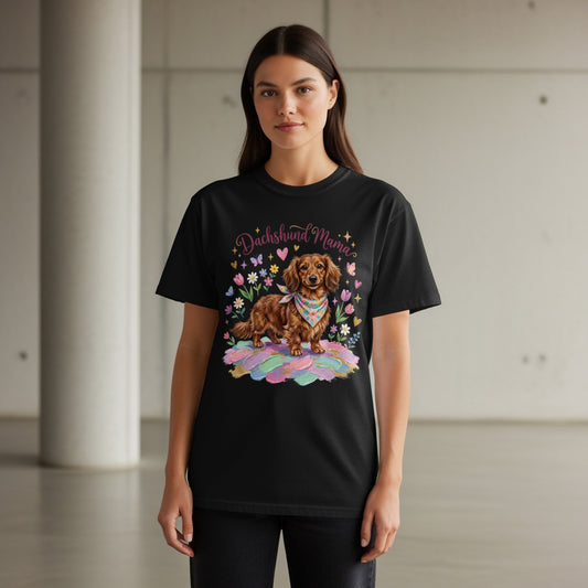 Black t-shirt with a dachshund wearing a bandana surrounded by flowers and feathers.