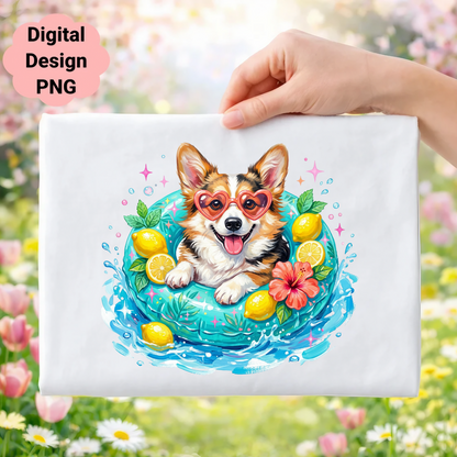 Corgi in a life preserver with lemons and flowers.