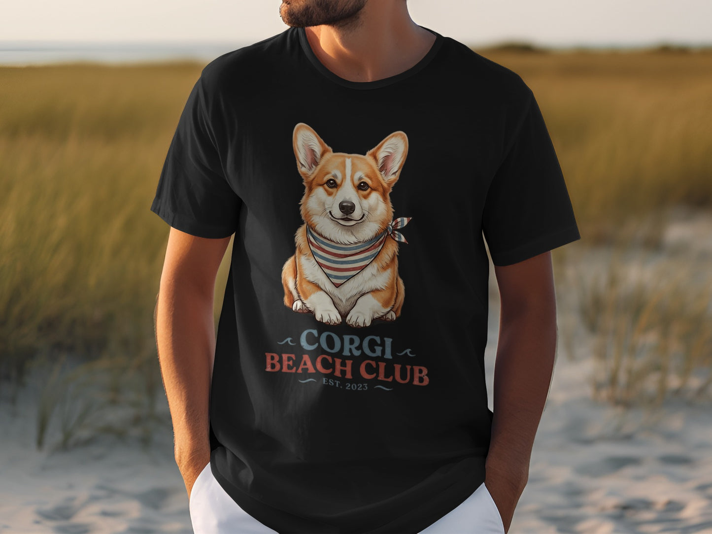 Corgi wearing bandana on t-shirt, "CORGI BEACH CLUB EST. 2023".