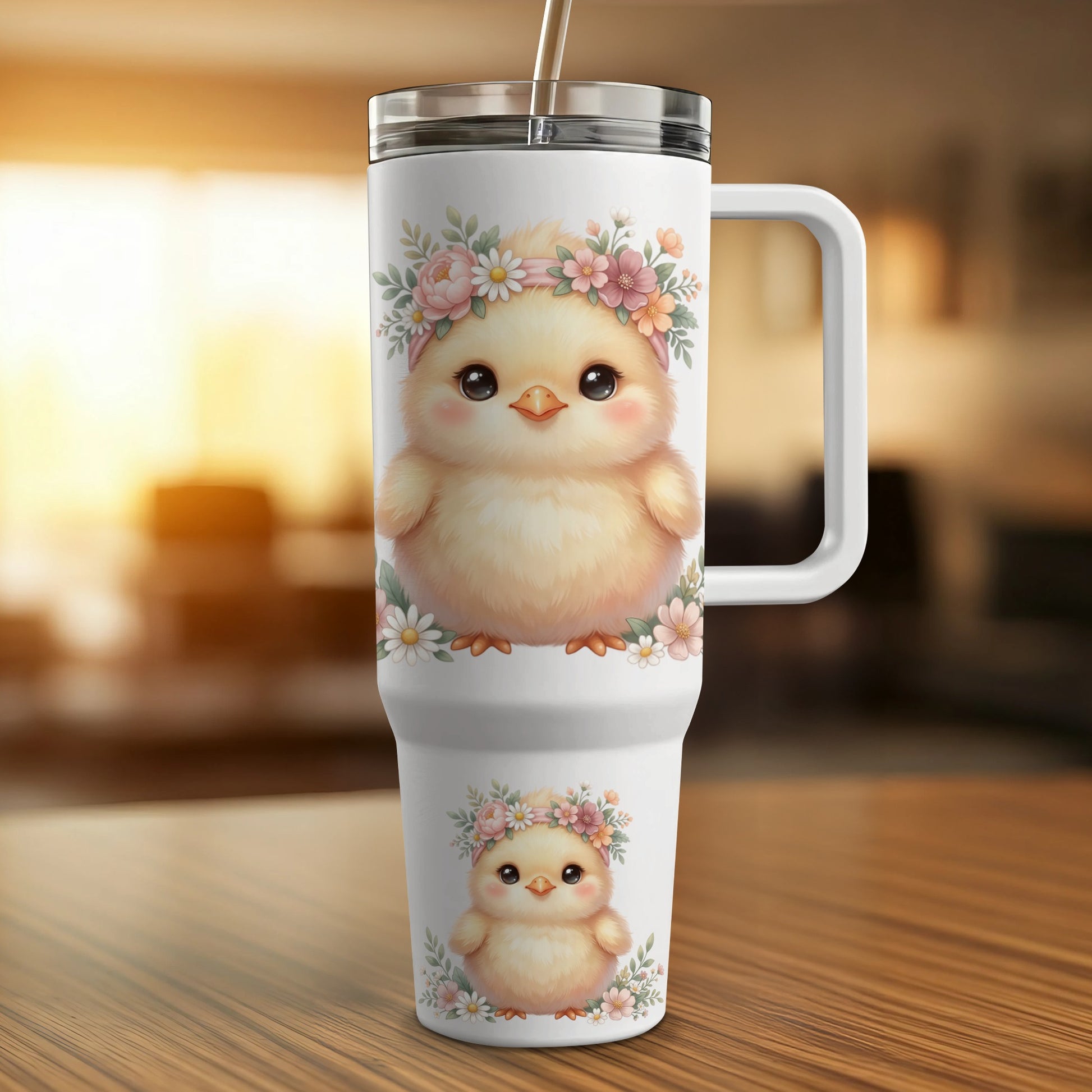White tumbler with cute chick and floral wreath design.