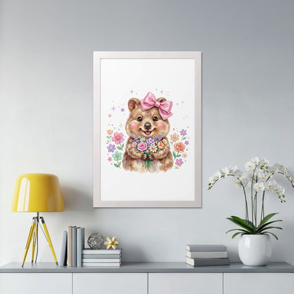 Quokka wearing pink bow holding bouquet of flowers in white frame.