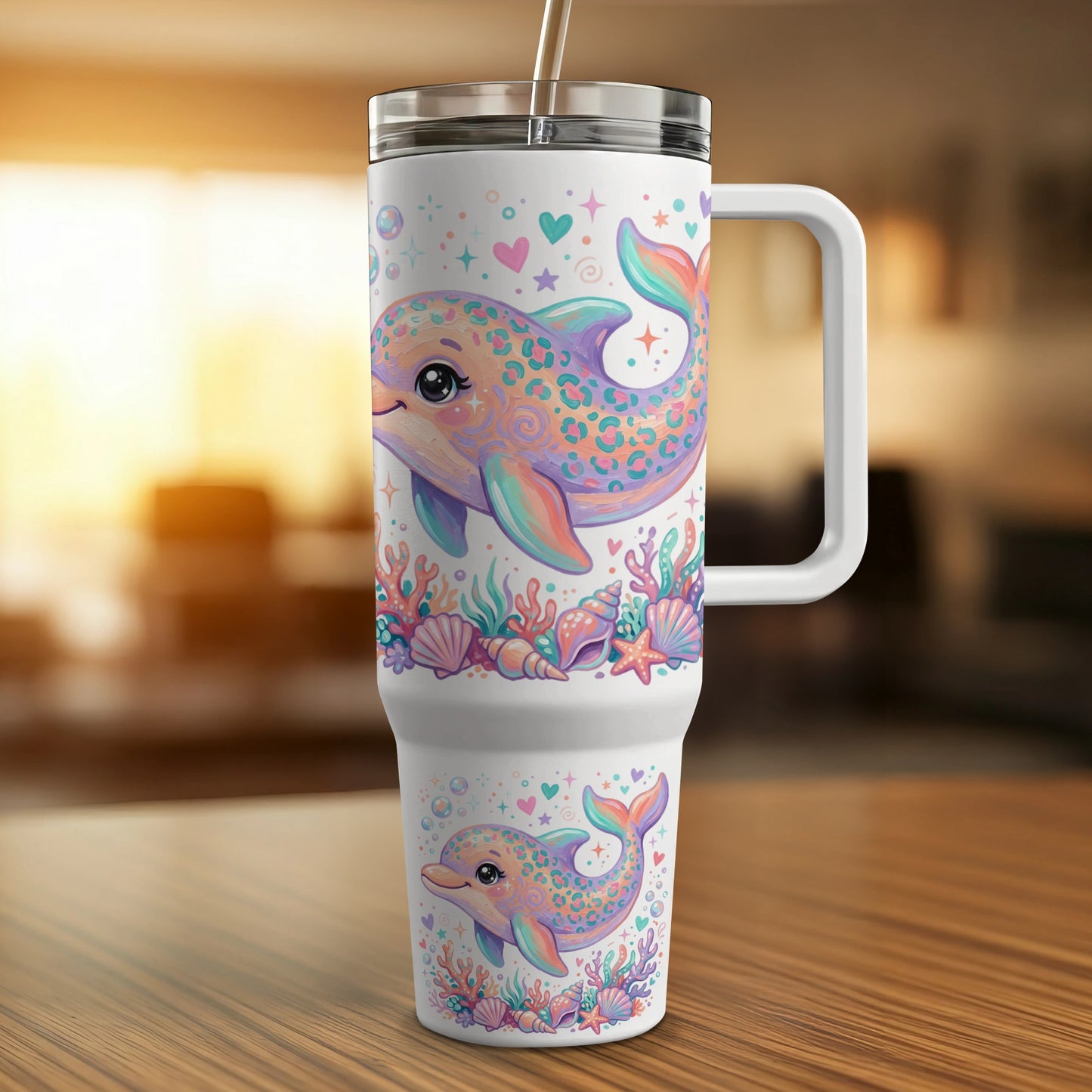 White tumbler with cartoon dolphins, seashells, and hearts, features a handle.