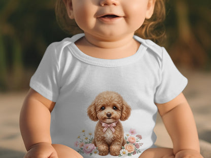 White baby onesie with a fluffy poodle graphic and floral accents.