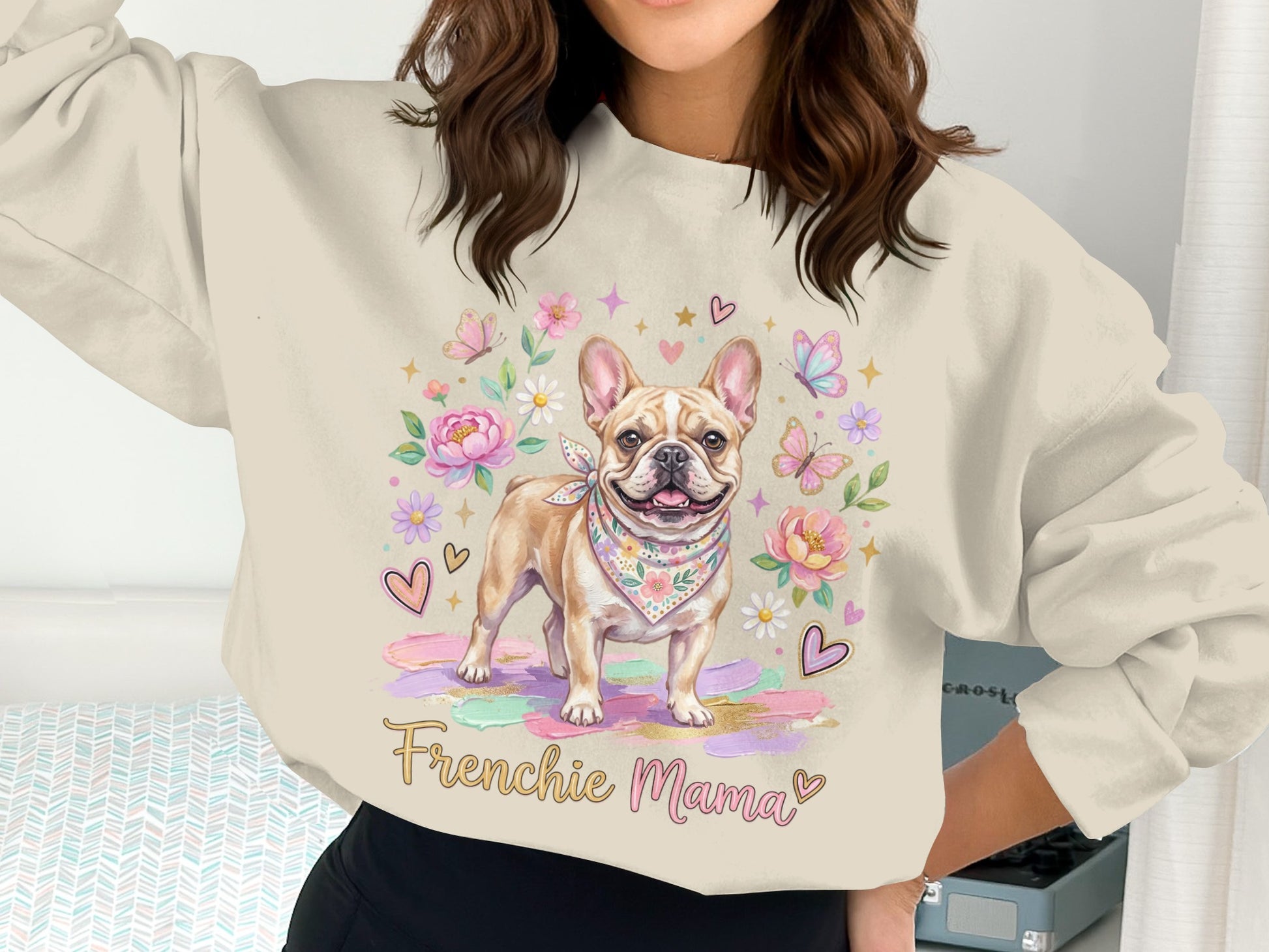 French Bulldog wearing bandana with "Frenchie Mama" text and floral design.