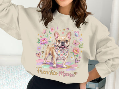 French Bulldog wearing bandana with "Frenchie Mama" text and floral design.