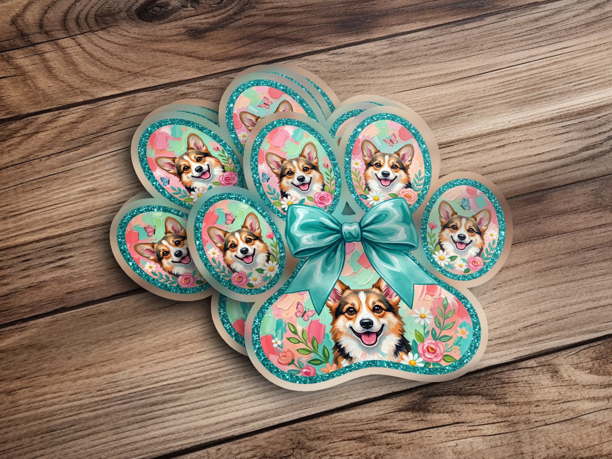 Paw print sticker sheet with corgi dogs and flowers, tied with a teal bow.