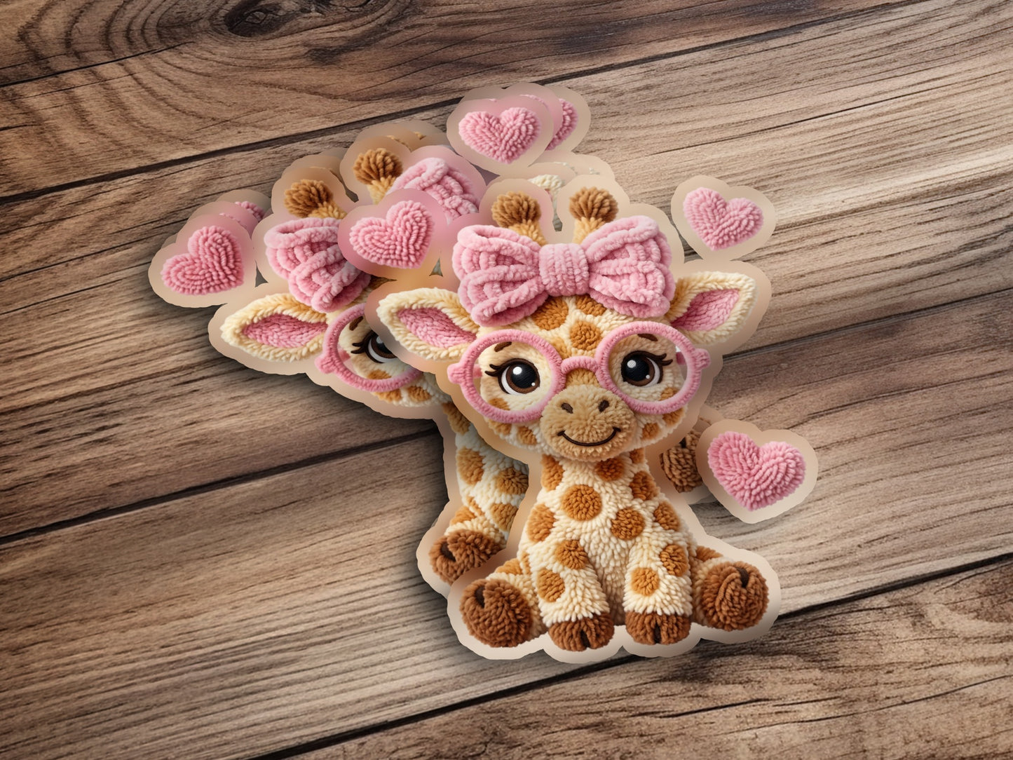 Giraffe with glasses and pink bow, surrounded by hearts.