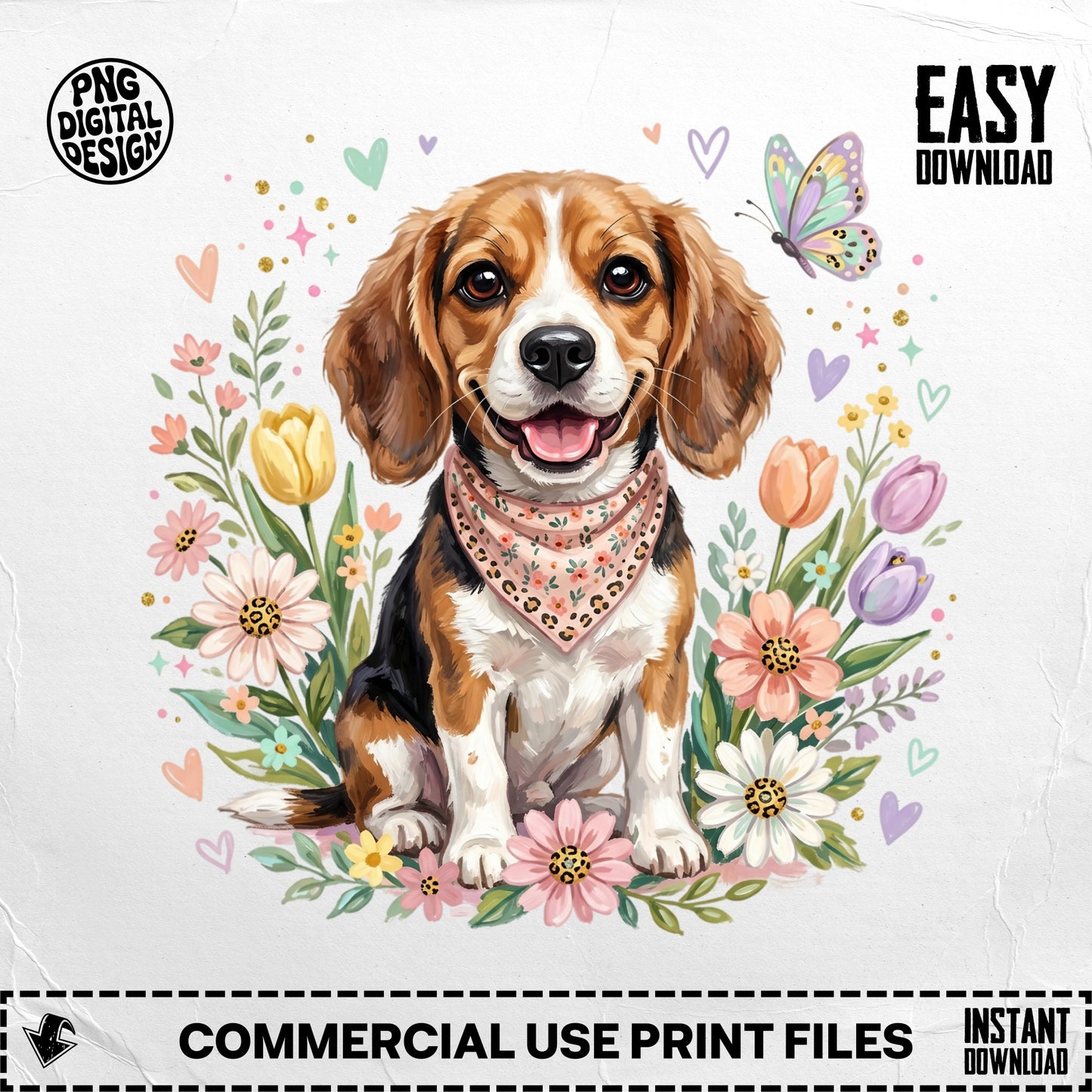 Beagle dog wearing bandana surrounded by flowers and butterflies, with "EASY DOWNLOAD" text.