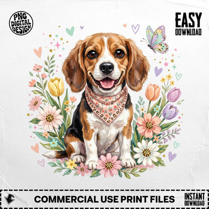 Beagle dog wearing bandana surrounded by flowers and butterflies, with "EASY DOWNLOAD" text.