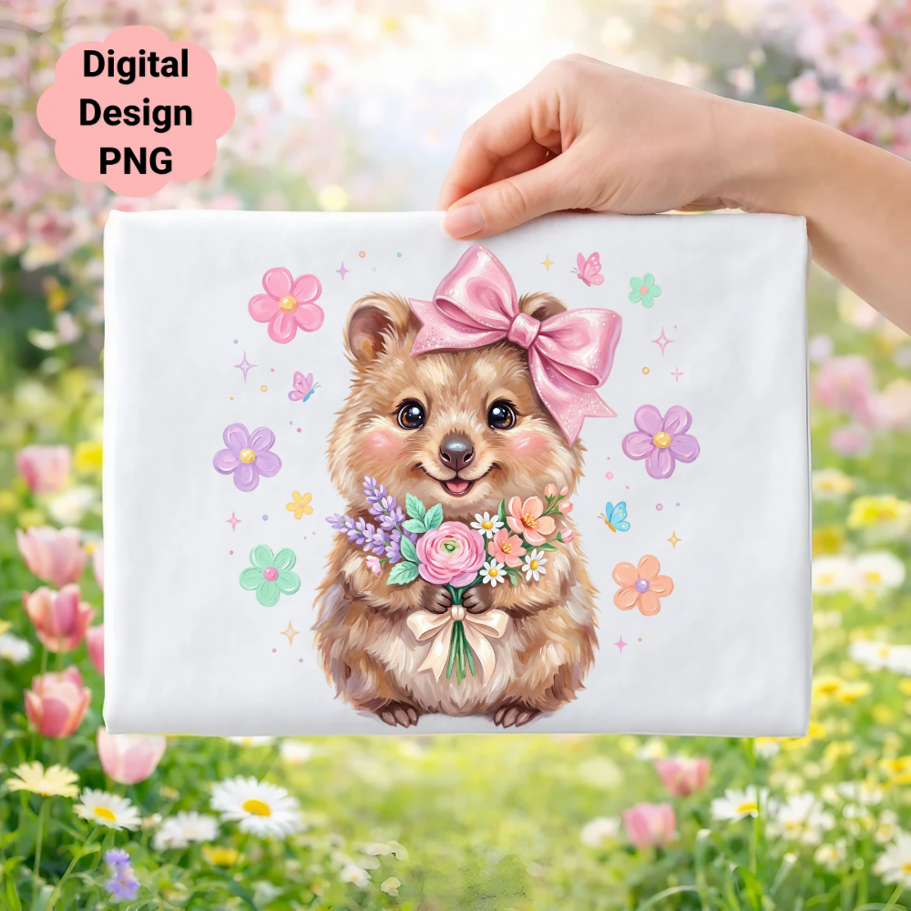 Quokka wearing a pink bow holding a bouquet of flowers and butterflies.
