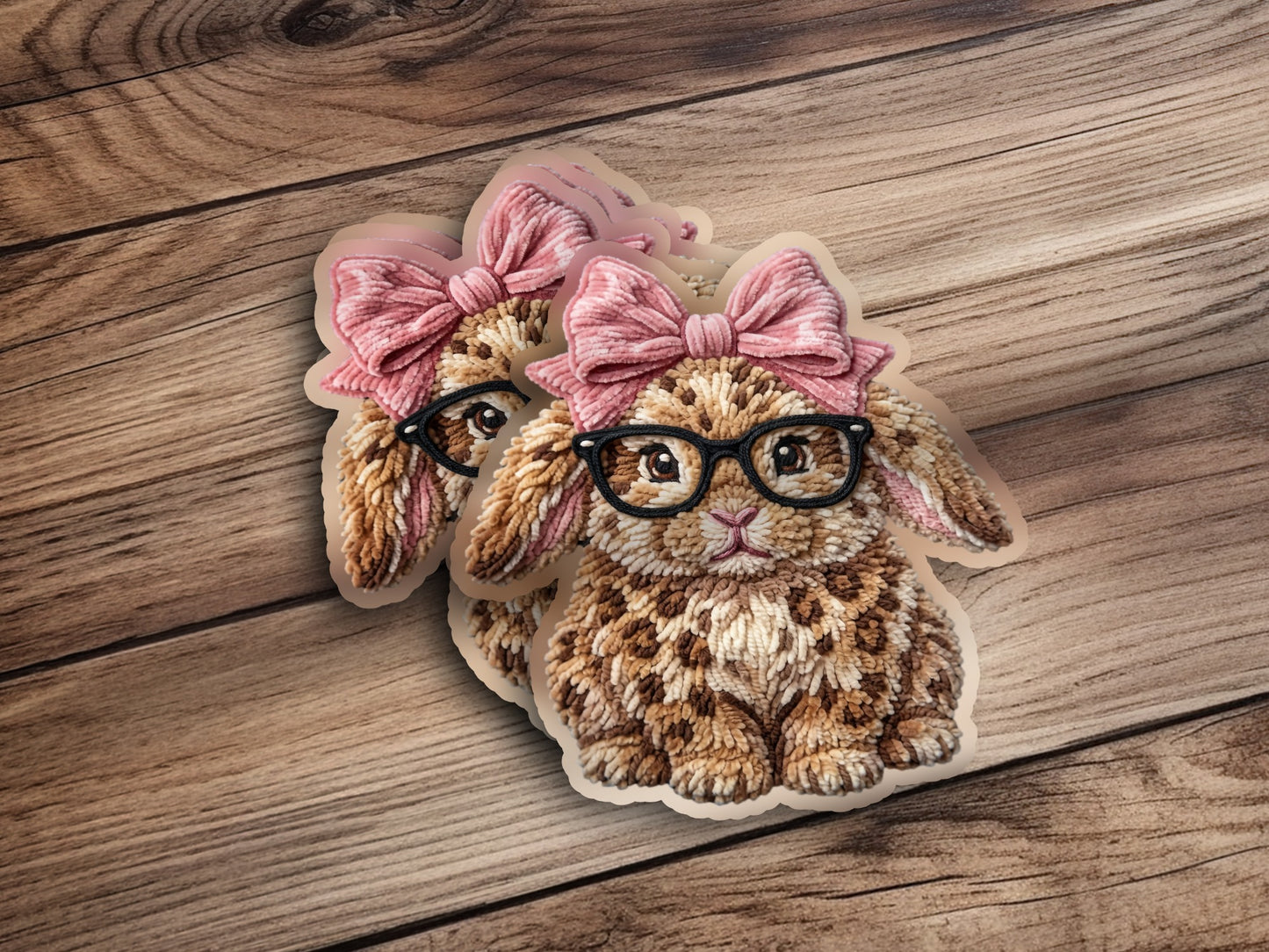 Two plush bunny patches with pink bows and glasses on a wooden background.