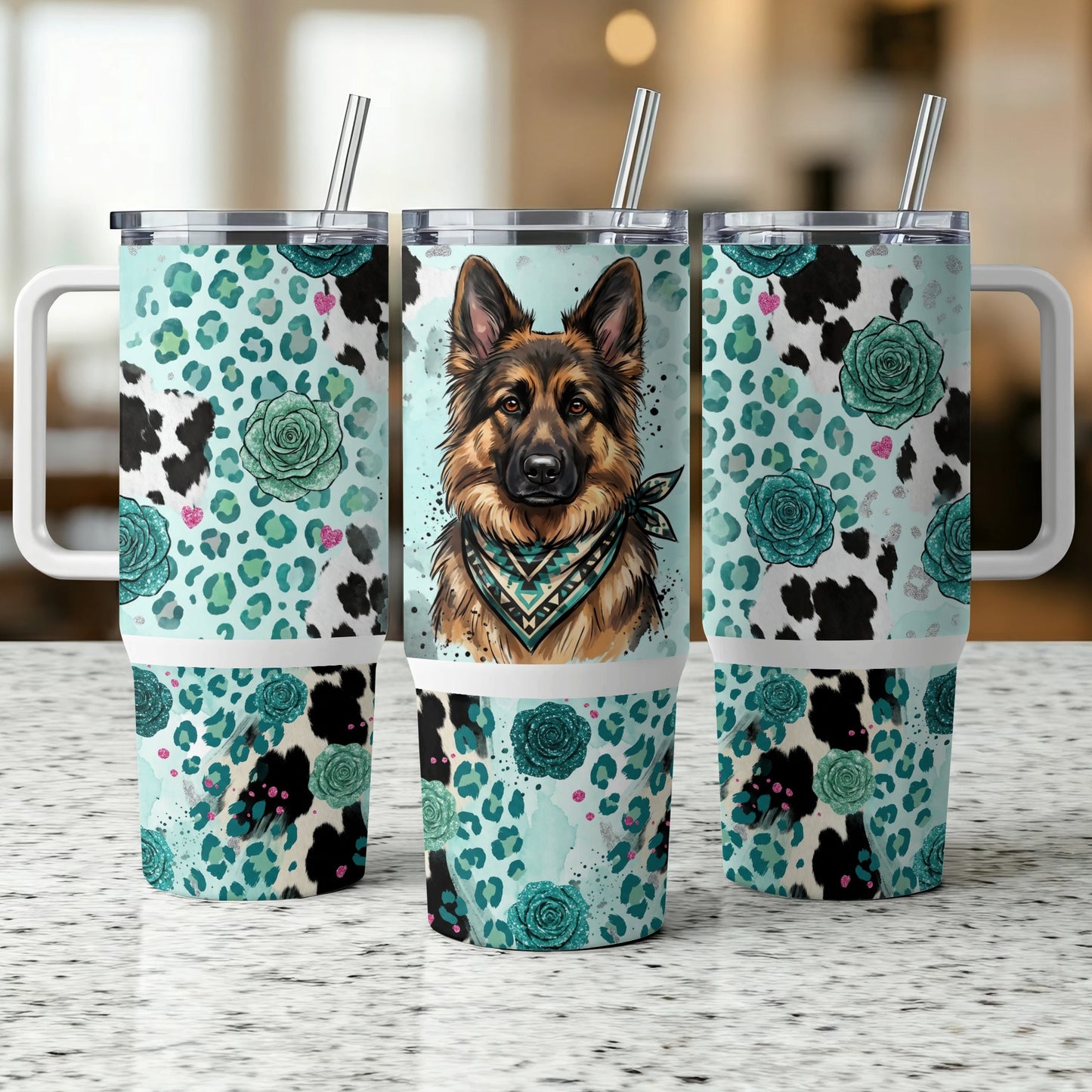 German Shepherd wearing bandana on teal leopard and rose print tumbler.