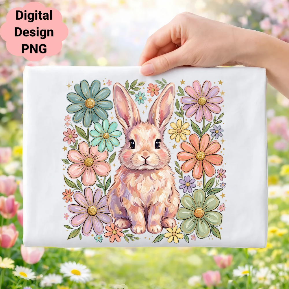 Cute bunny surrounded by colorful flowers, digital design.