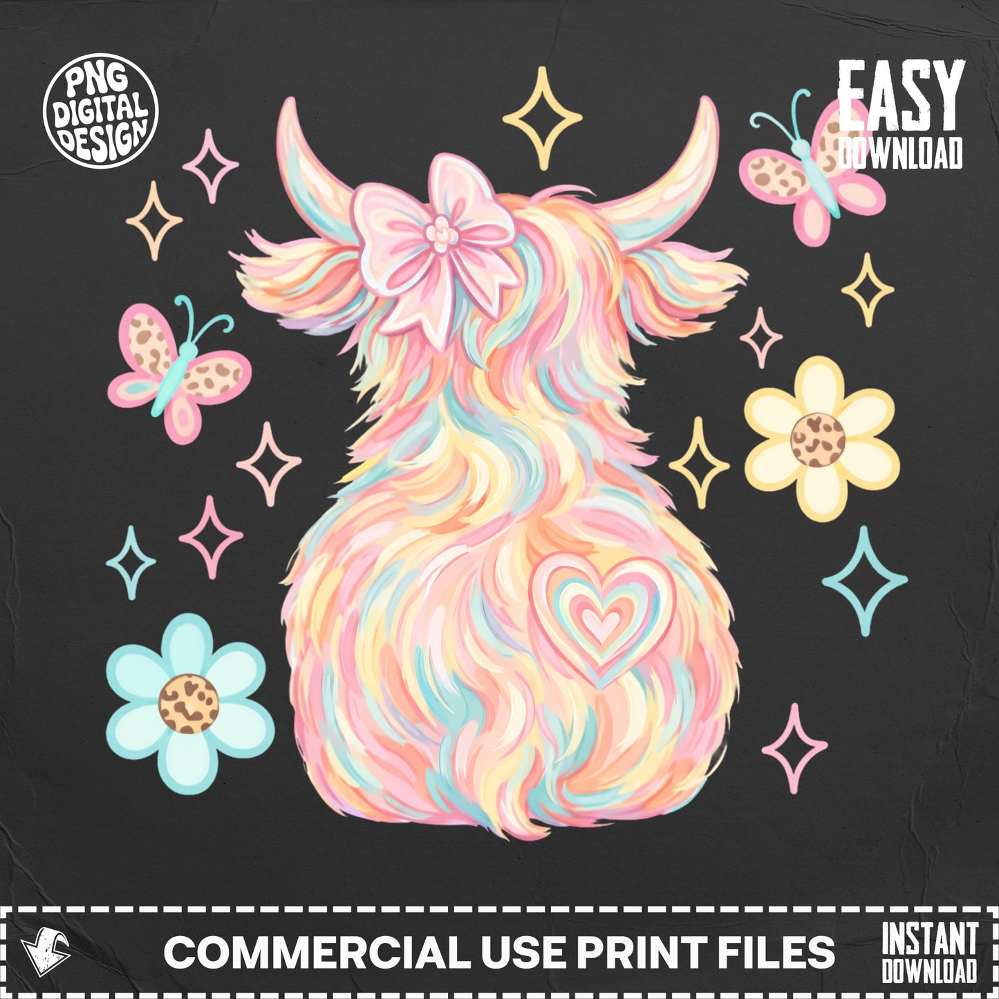 Fluffy pastel Highland cow with bow, heart, and scattered flowers and butterflies.