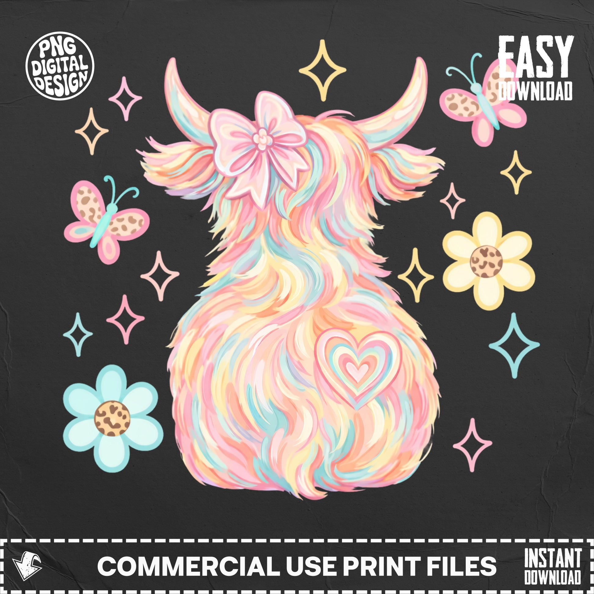 Fluffy pastel Highland cow with bow, heart, and scattered flowers and butterflies.