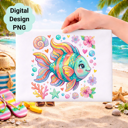 Colorful cartoon fish with flowers, seashells, and coral on a beach background.