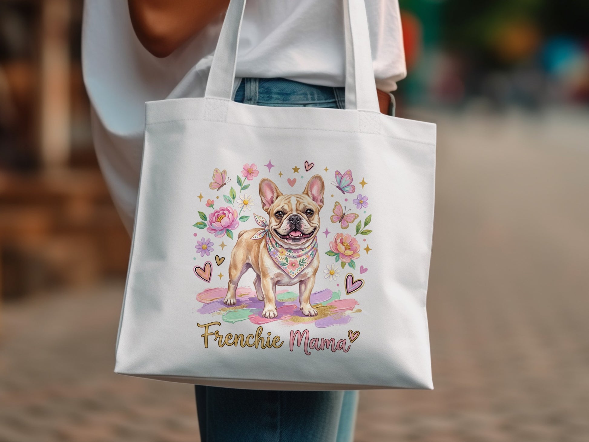 White tote bag with a French bulldog wearing a bandana, surrounded by flowers and butterflies.