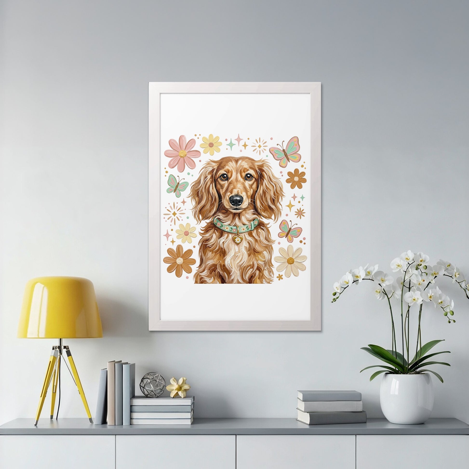 Framed illustration of a dachshund surrounded by colorful flowers and butterflies.