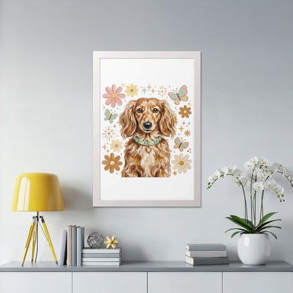 Framed illustration of a dachshund surrounded by colorful flowers and butterflies.