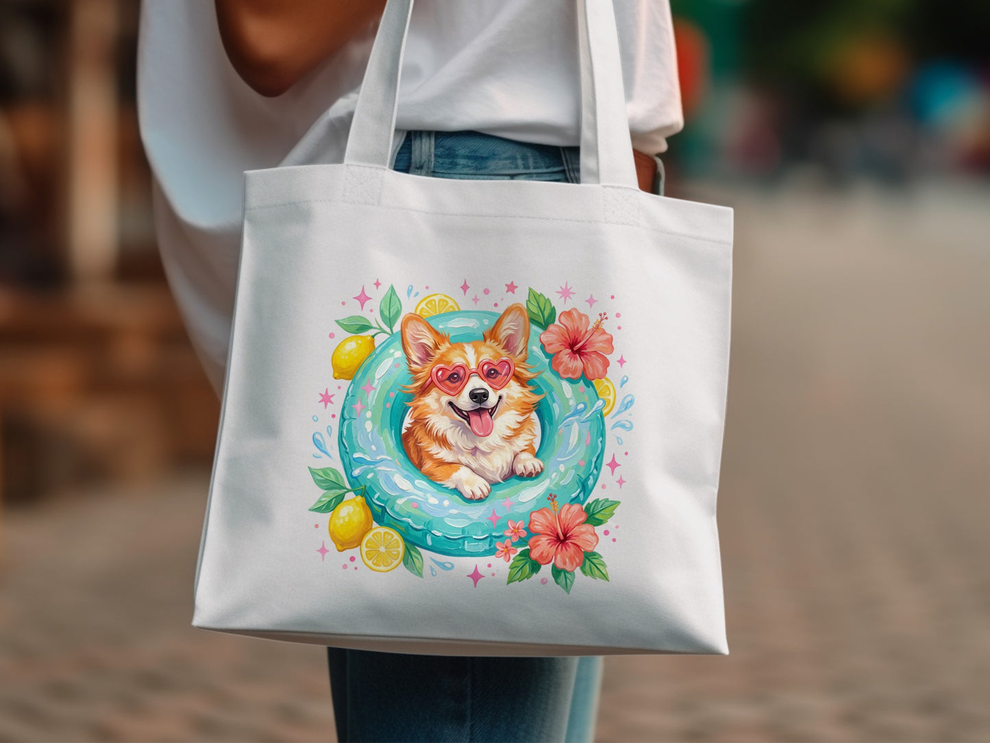 White tote bag with a corgi wearing sunglasses in a life preserver.