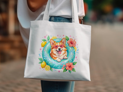 White tote bag with a corgi wearing sunglasses in a life preserver.