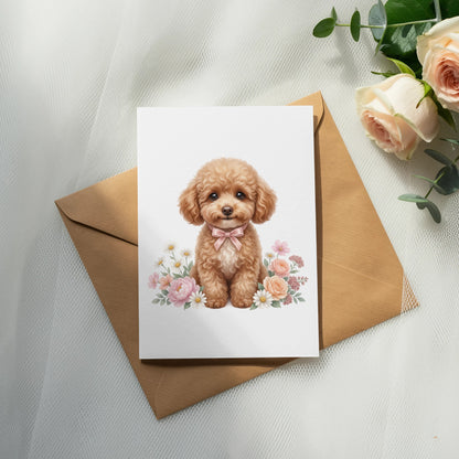 Card with a fluffy poodle wearing a pink bow, surrounded by flowers.