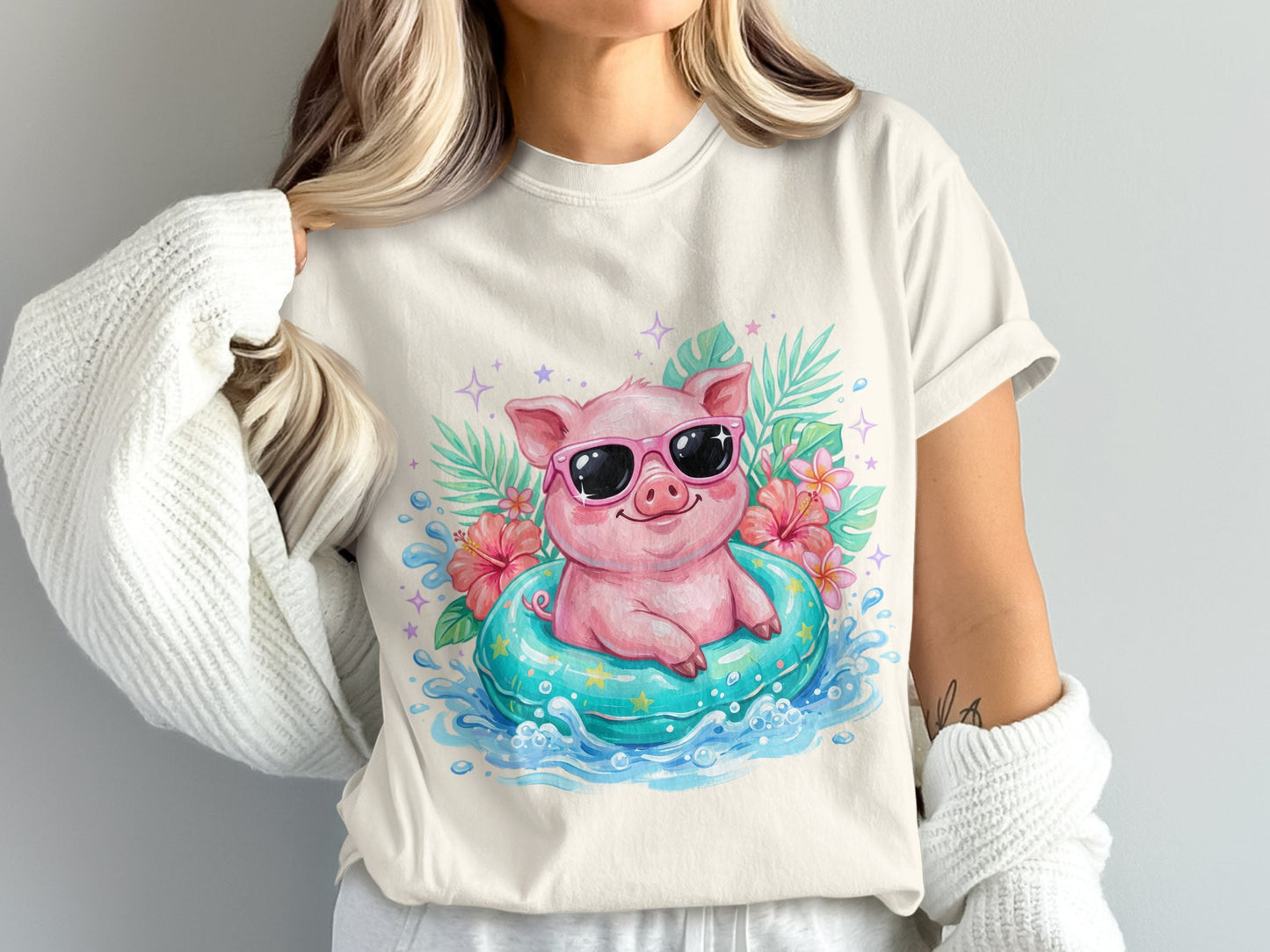 Cartoon pig with sunglasses floats on inner tube surrounded by tropical flowers and leaves.