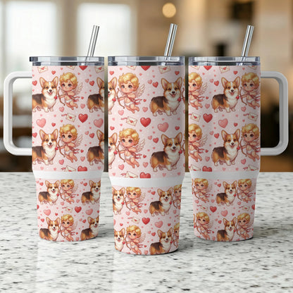 Three Valentine's Day Corgi tumblers with cupid and heart patterns.