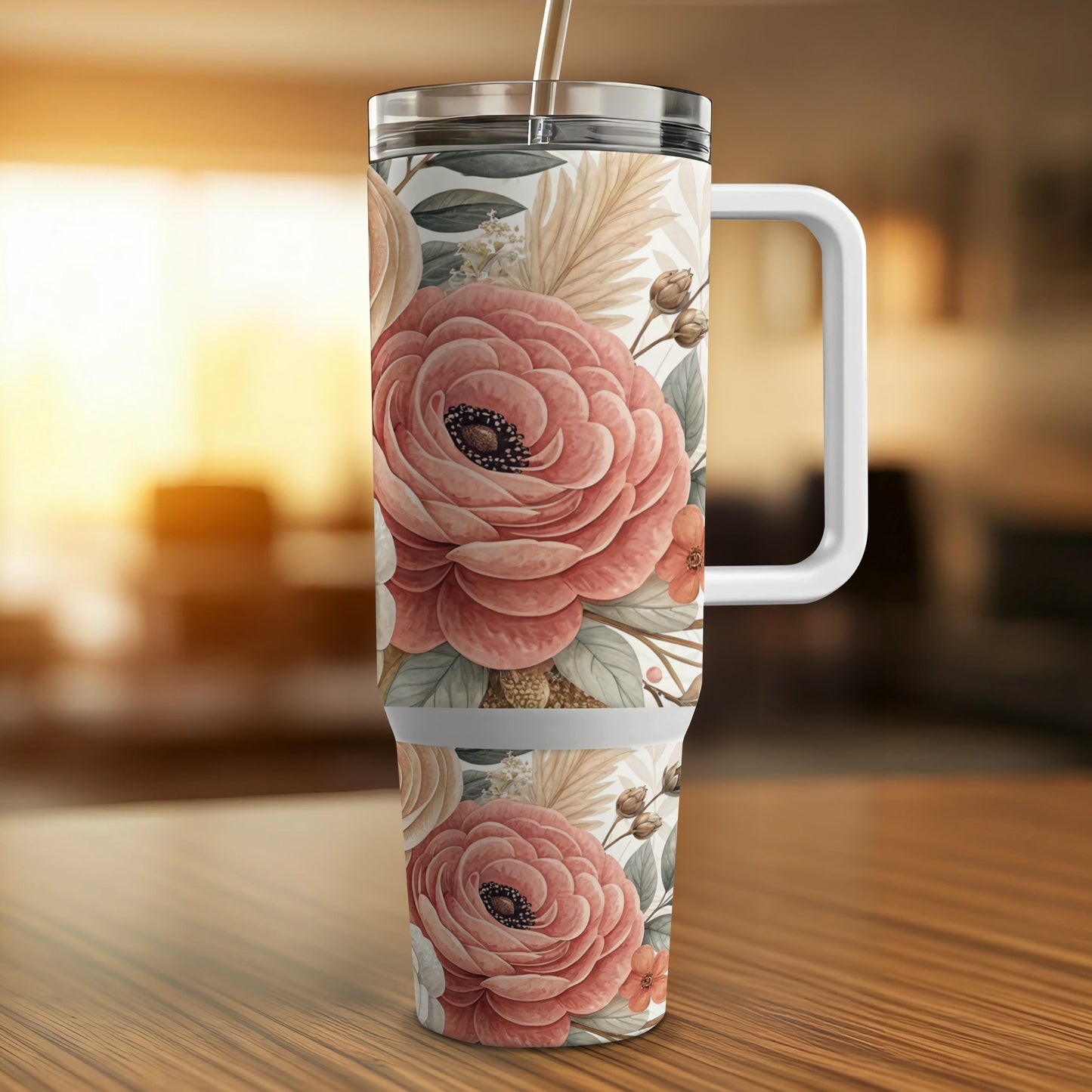 Pink floral tumbler with handle and straw on a wooden surface.