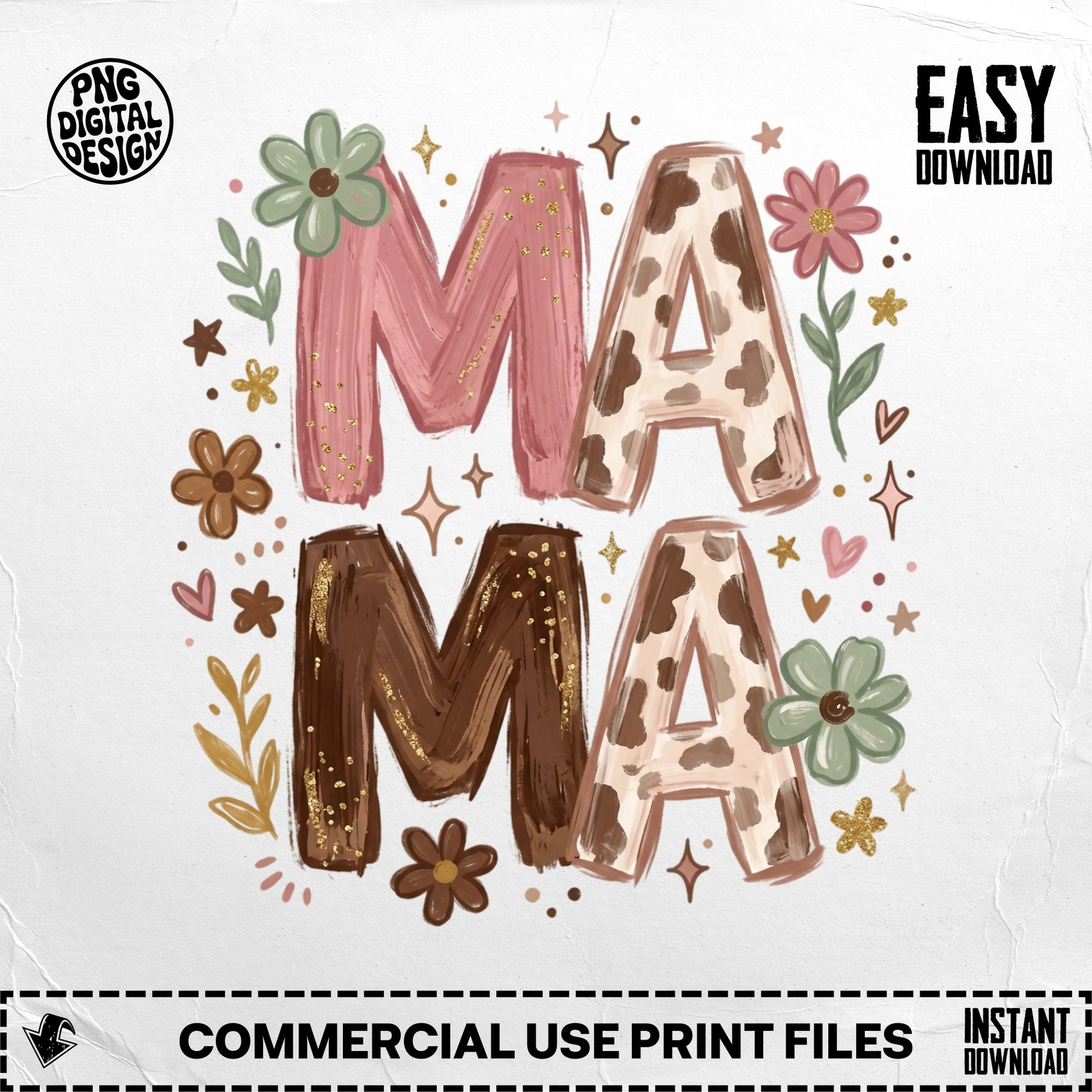 Mama graphic with cow print and floral accents.