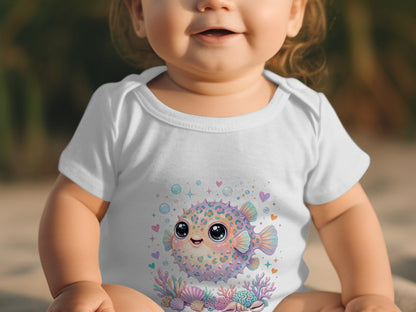 Baby in white onesie with pufferfish and coral graphic.