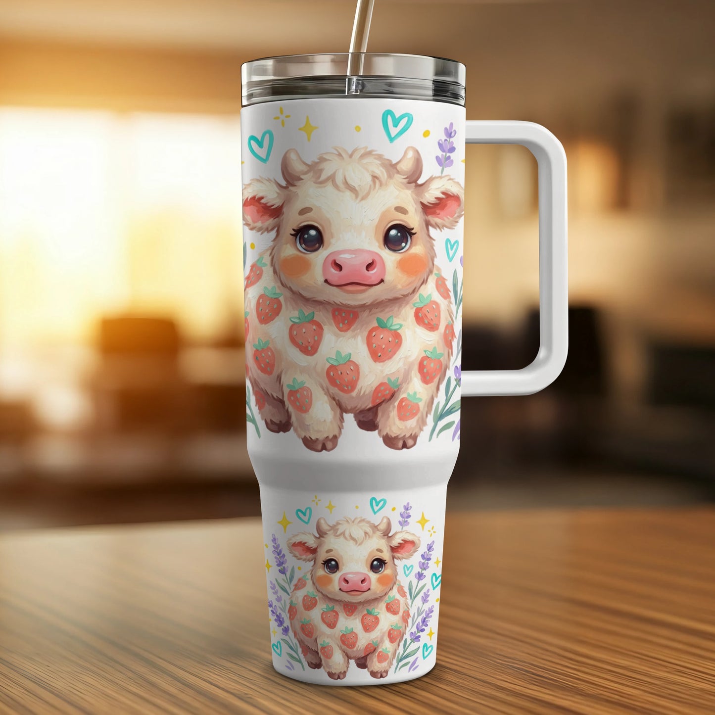 Cute cow with strawberries and lavender on a travel tumbler.