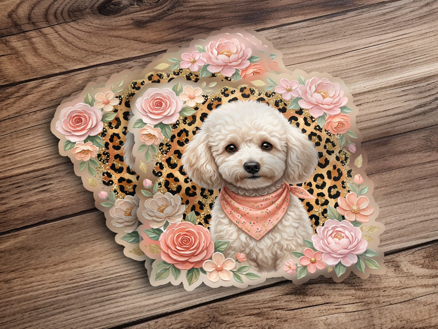 Poodle wearing a pink bandana surrounded by roses and leopard print.